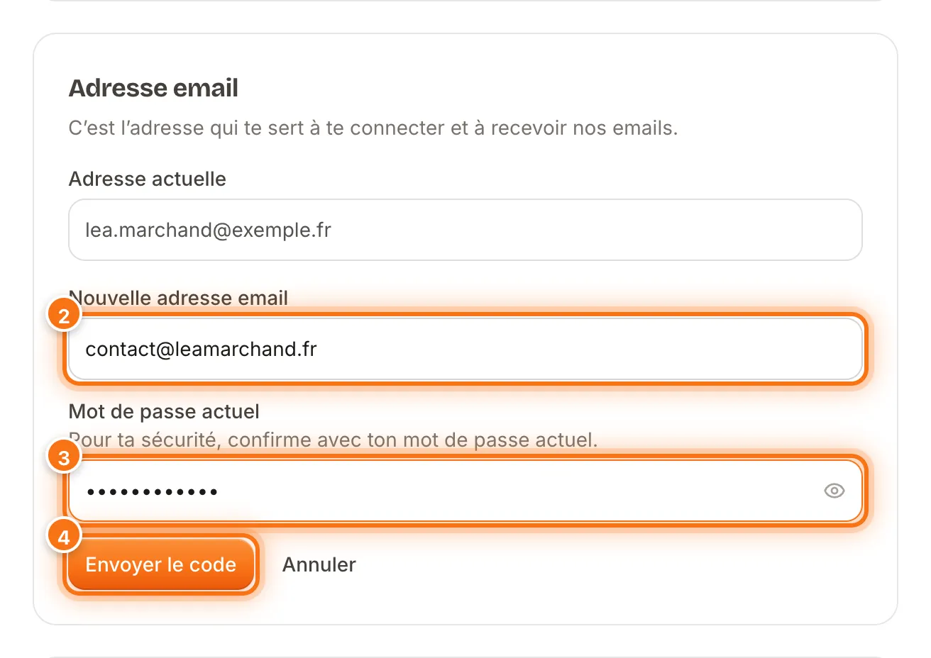 Champs Nouvelle adresse email et Mot de passe actuel remplis, bouton Envoyer le code mis en évidence