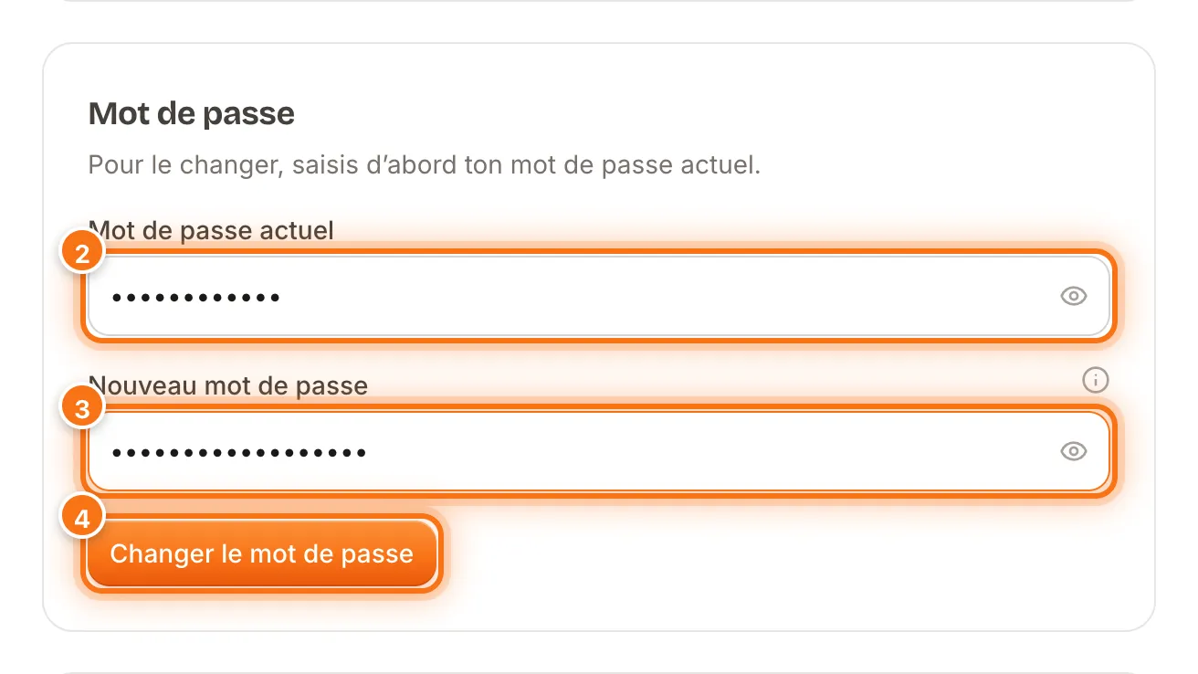 Carte Mot de passe de la page Profil avec les champs Mot de passe actuel et Nouveau mot de passe remplis, bouton Changer le mot de passe mis en évidence