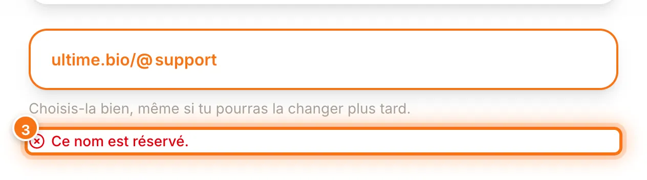 Champ d’adresse rempli avec « support » et le message d’erreur Ce nom est réservé
