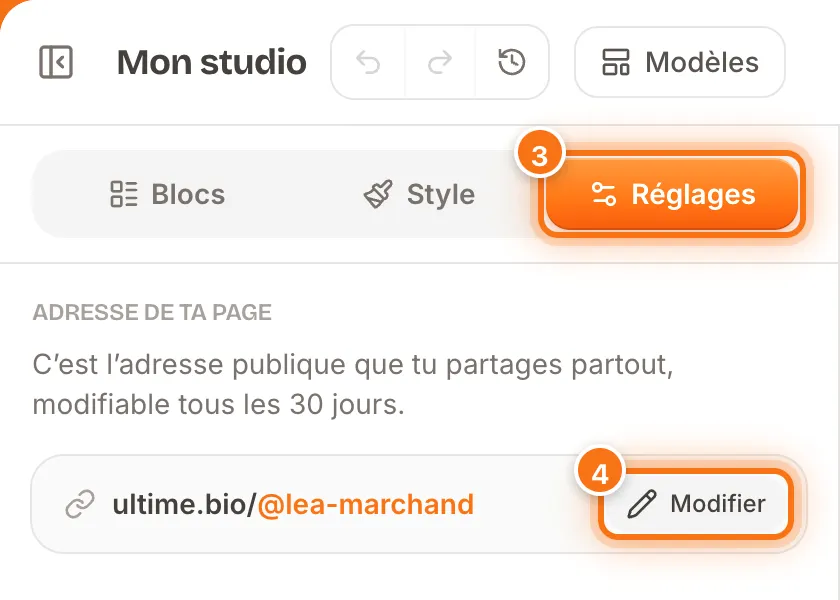 Onglet Réglages du studio avec l’adresse ultime.bio/@lea-marchand et le bouton Modifier mis en évidence
