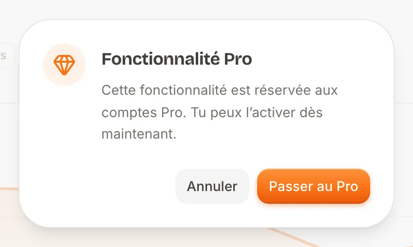 Fenêtre « Fonctionnalité Pro » avec le bouton Passer au Pro