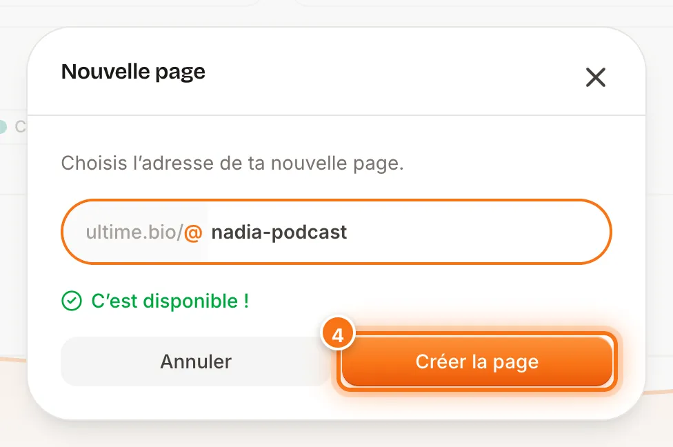 Fenêtre « Nouvelle page » avec une adresse disponible et le bouton Créer la page mis en évidence
