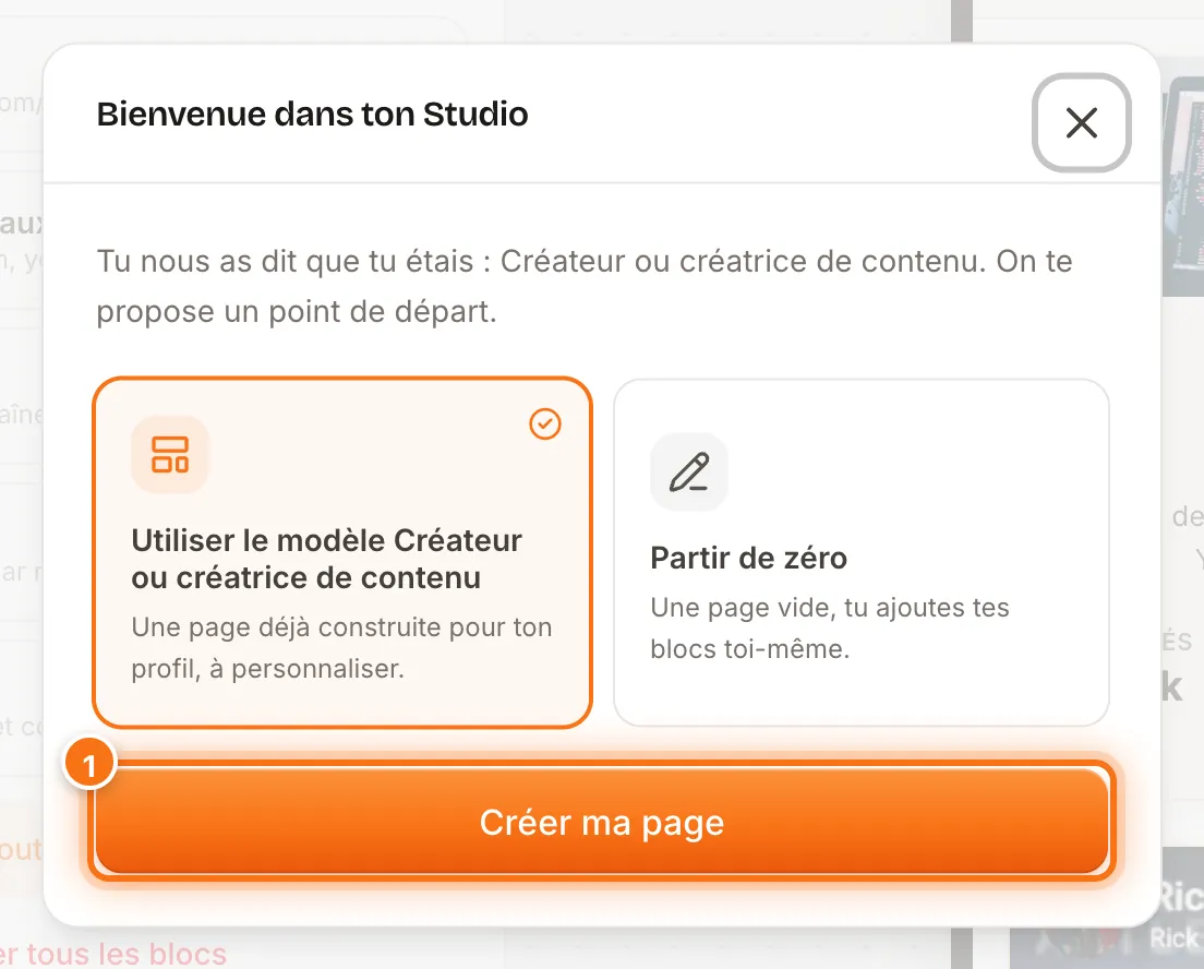 Fenêtre « Bienvenue dans ton Studio » avec le choix entre un modèle et une page vide, le bouton Créer ma page mis en évidence