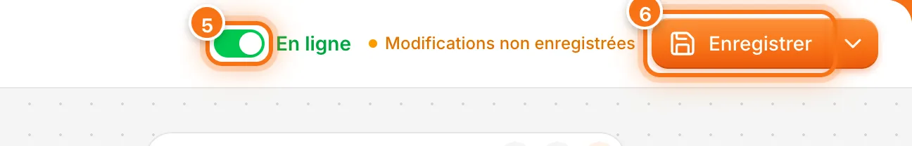 Barre du studio avec l’interrupteur En ligne et le bouton Enregistrer mis en évidence, à côté de la mention Modifications non enregistrées