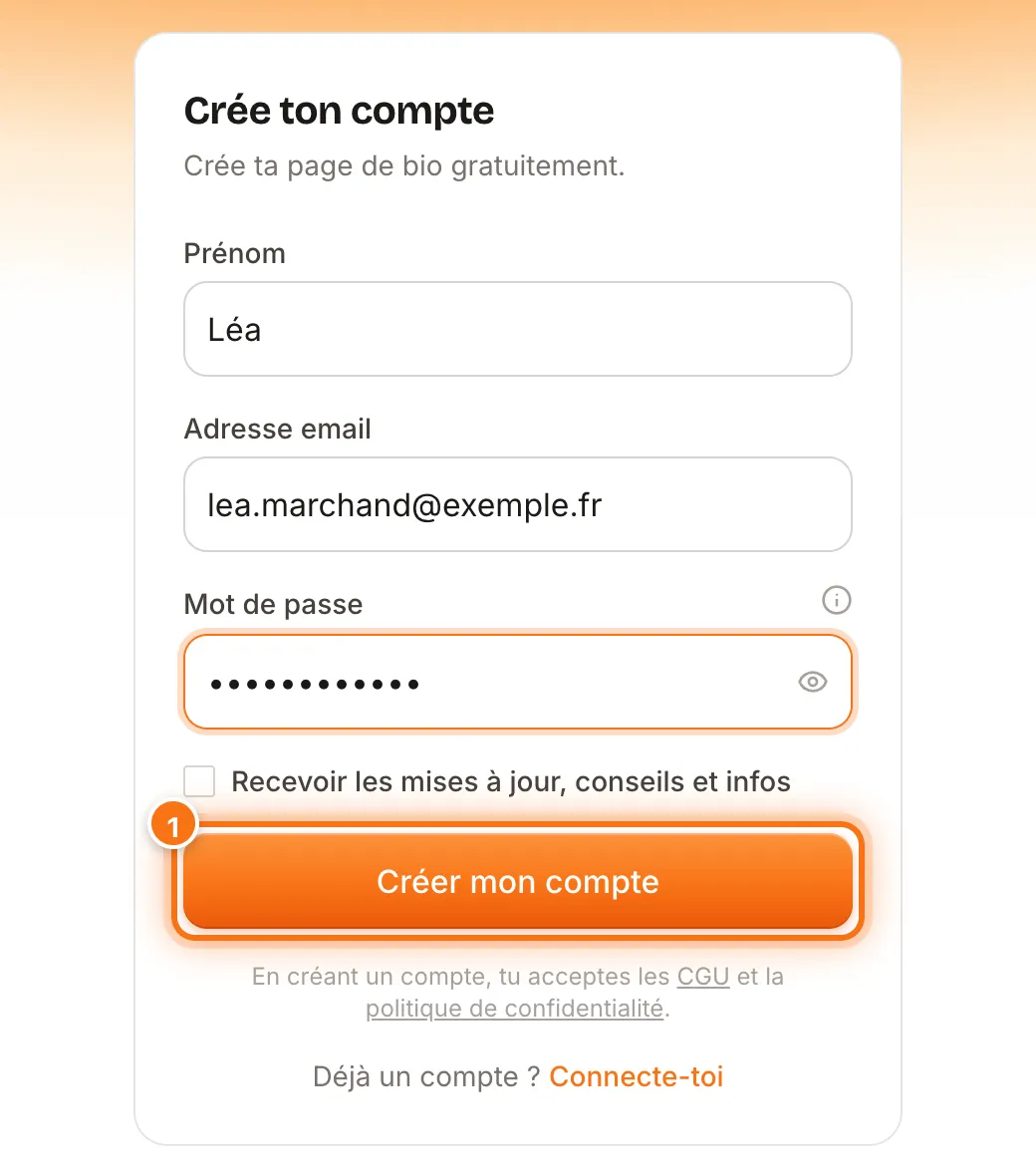 Formulaire « Crée ton compte » rempli avec un prénom, une adresse email et un mot de passe, le bouton Créer mon compte mis en évidence