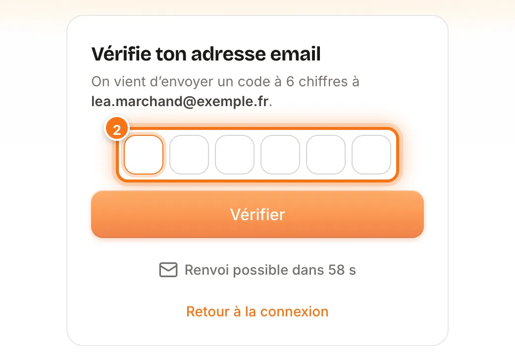 Écran « Vérifie ton adresse email » avec les six cases du code de vérification mises en évidence