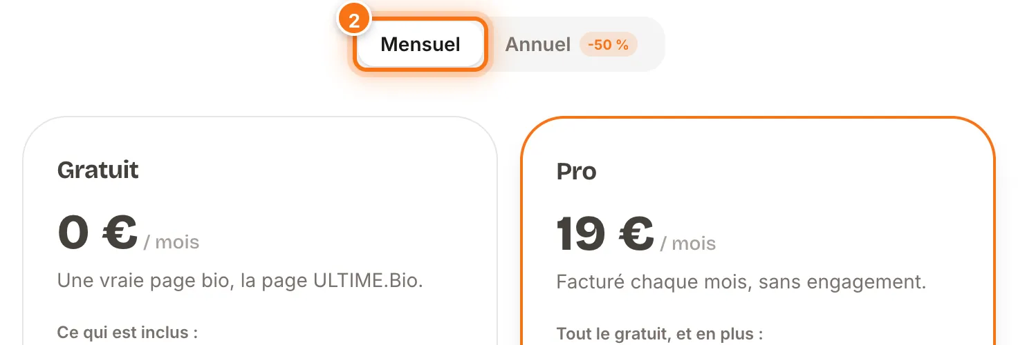 Option Mensuel sélectionnée, avec l’offre Pro à 19 € par mois
