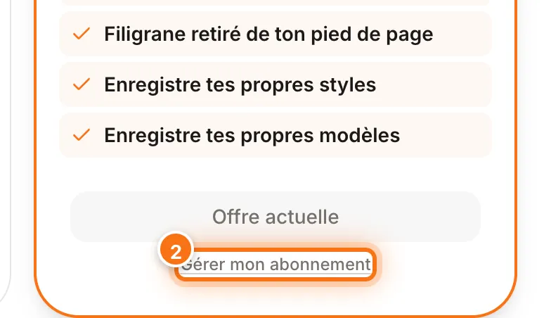 Carte Pro avec le bouton Offre actuelle et le lien Gérer mon abonnement mis en évidence