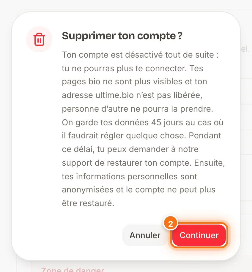 Fenêtre « Supprimer ton compte ? » avec le bouton Continuer mis en évidence