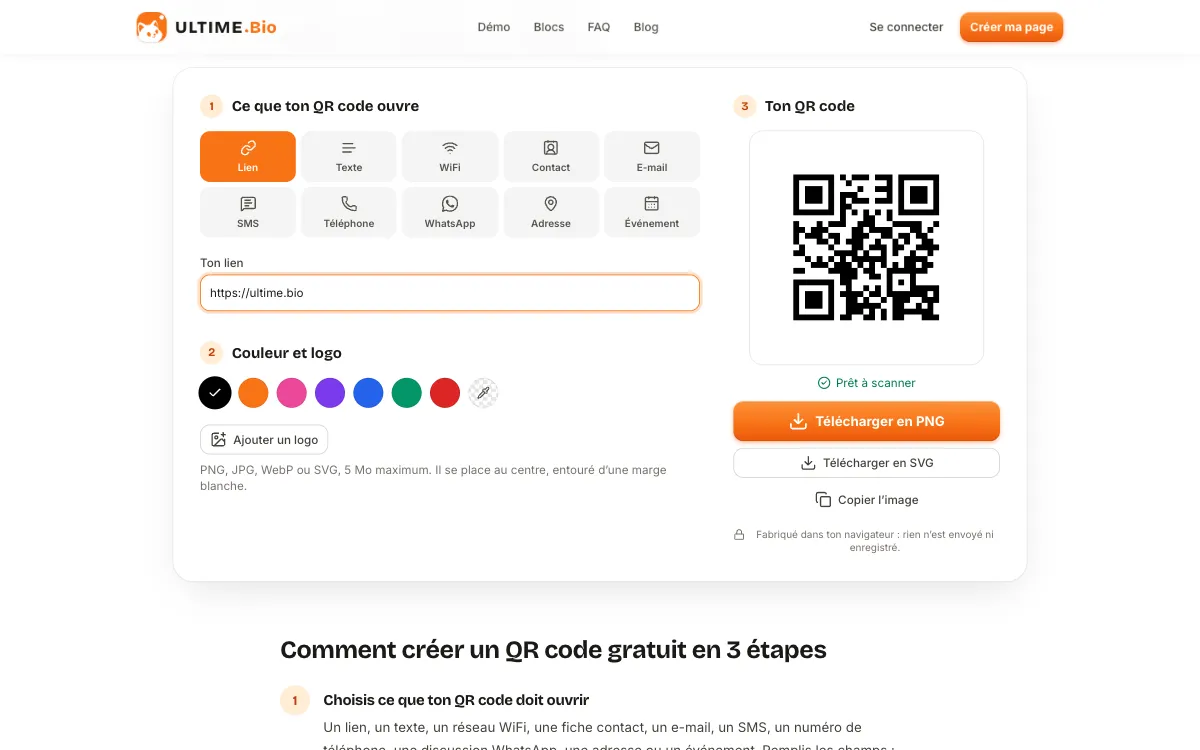 Le générateur de QR code : les dix types de contenu, le champ « Ton lien », le choix de la couleur et du logo, et le QR code prêt à télécharger en PNG ou en SVG